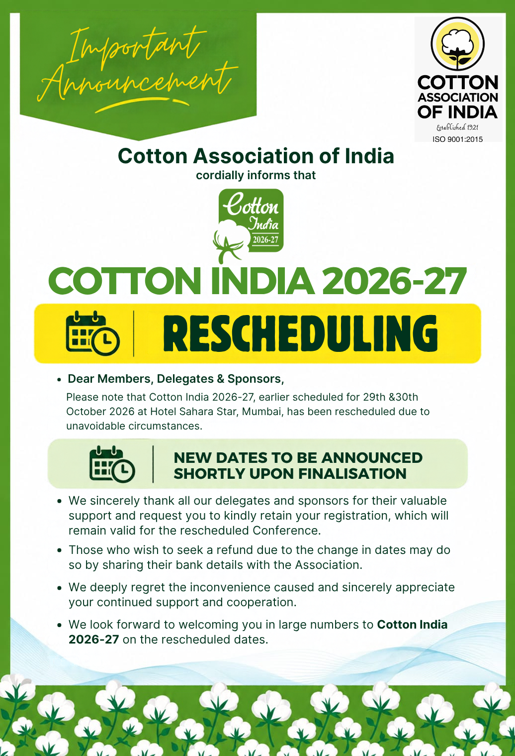 Cotton India 2026-27 Rescheduling