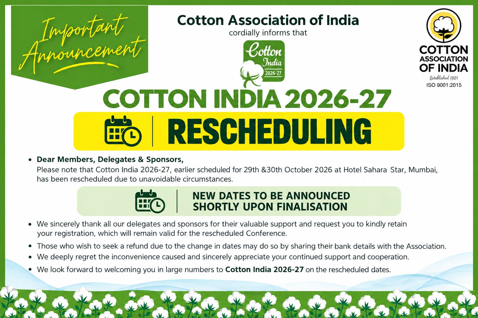 Cotton India Rescheduling